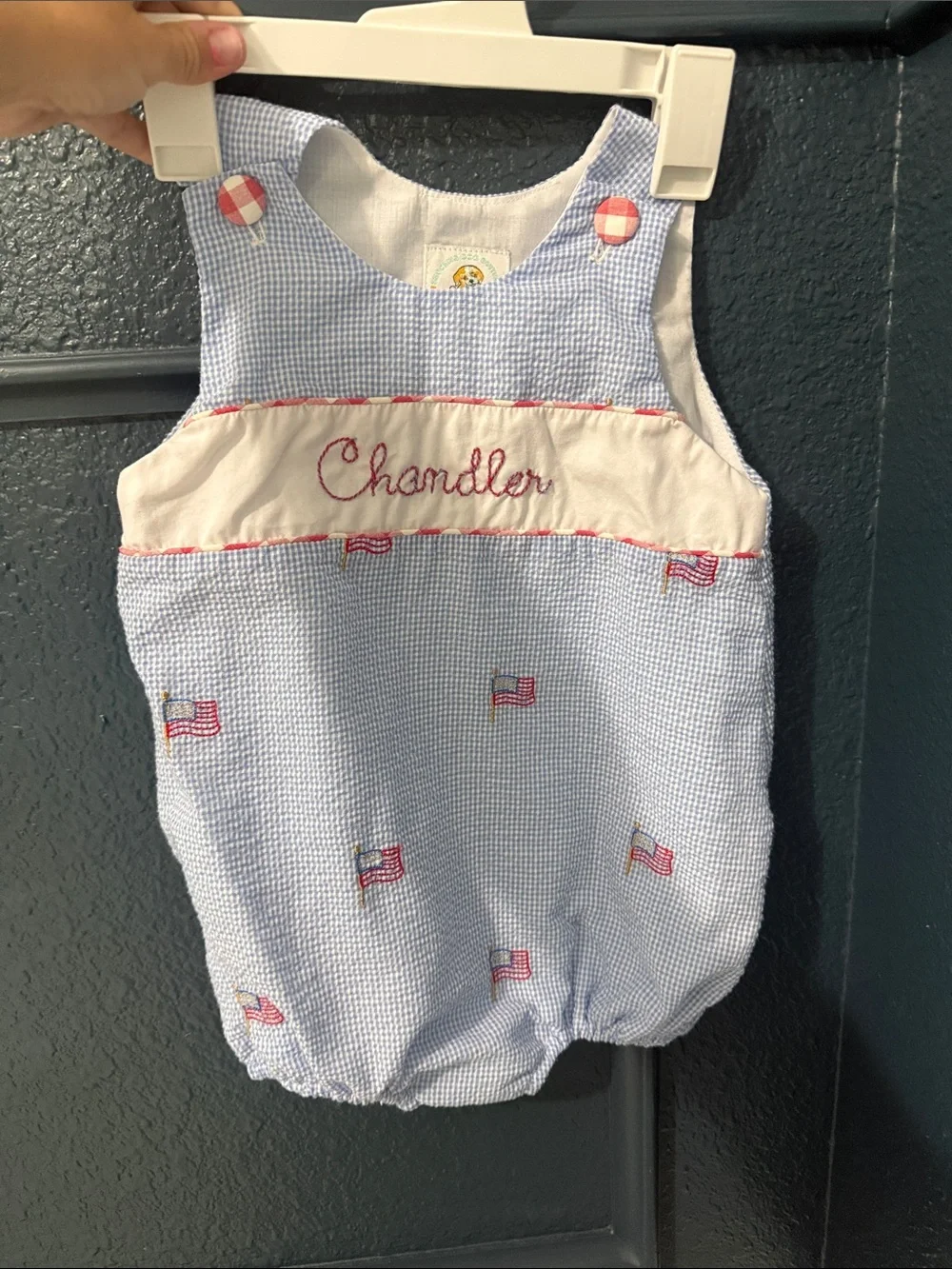 Personalized Blue Seersucker Baby Bubble - Chandler Embroidery